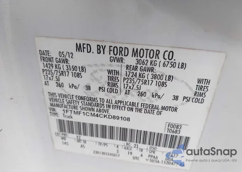 2012 Ford F150 Xl из США, поврежденный, VIN 1FTMF1CM4CKD89108